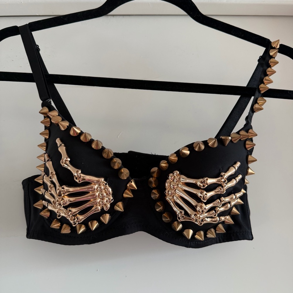 Black Studded Skeleton Hand Bra